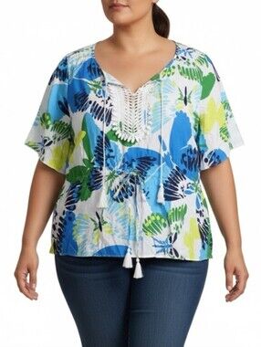 Fashion Bug Women’s XL Blue Green Floral Cotton Tassel Blouse